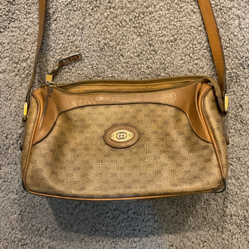 Gucci Vintage Logo Micro GUCCISIMA PVC Crossbody Tan Leather Shoulder Bag Purse